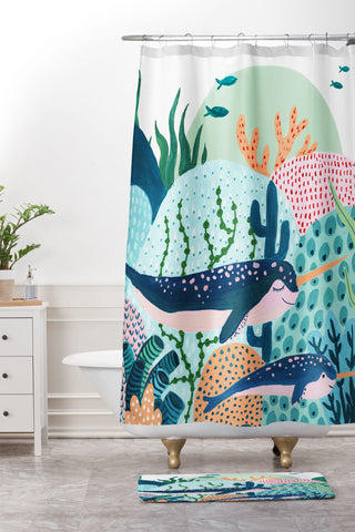 Ambers Textiles Narwhal Family Shower Curtain And Mat