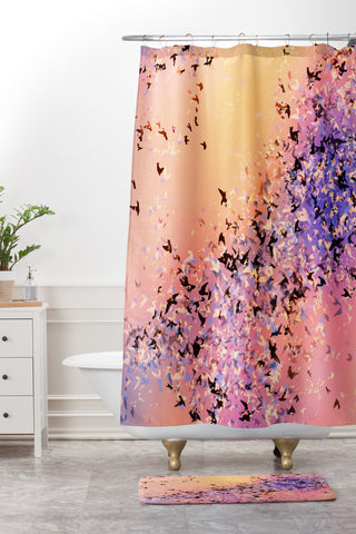 Amy Sia Birds of a Feather Pink Shower Curtain And Mat