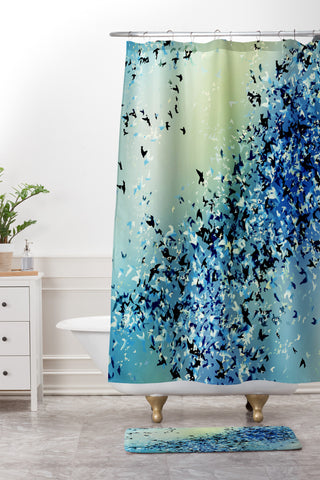 Amy Sia Birds of a Feather Stone Blue Shower Curtain And Mat