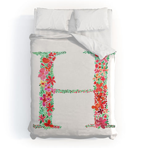 Amy Sia Floral Monogram Letter H Duvet Cover