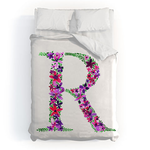 Amy Sia Floral Monogram Letter R Duvet Cover