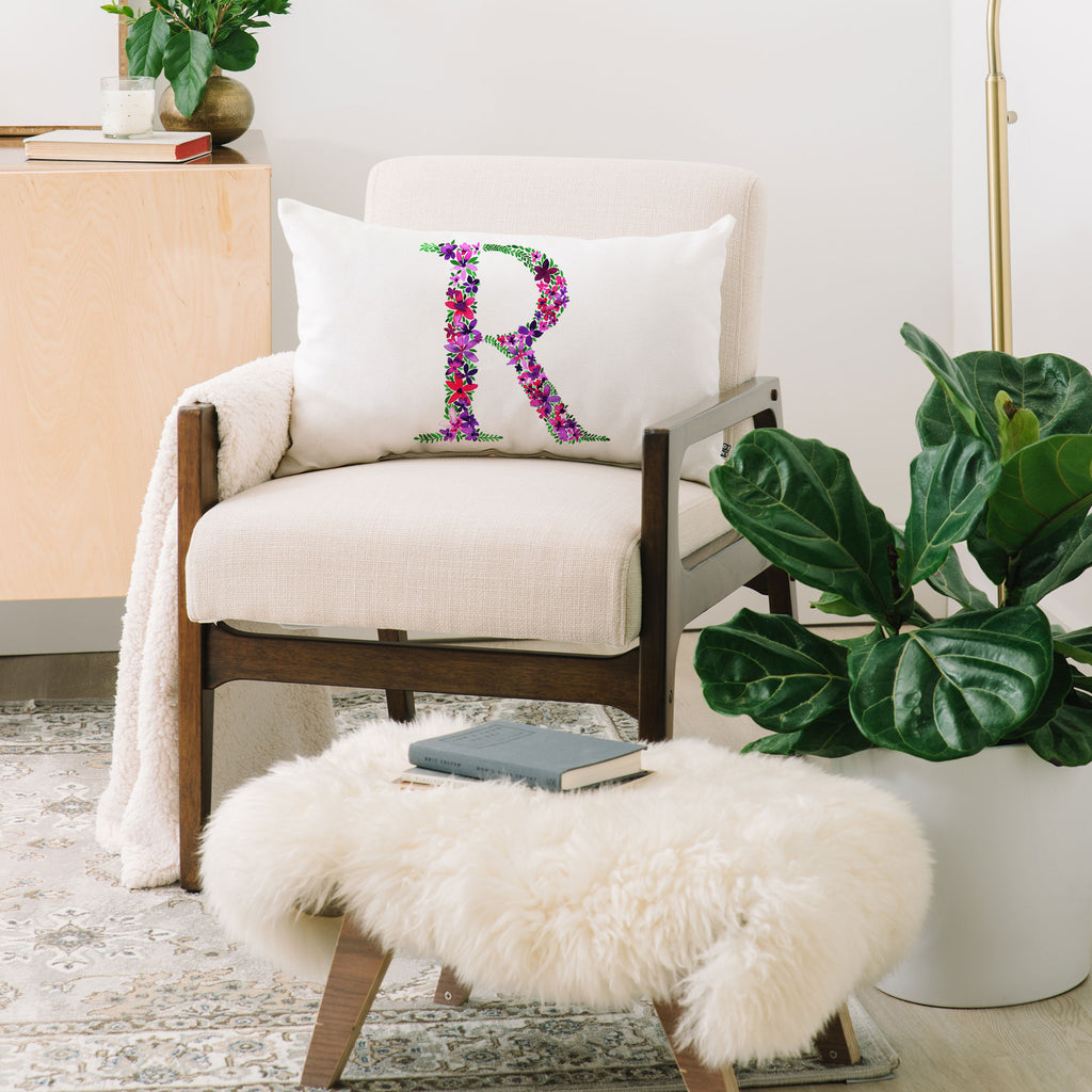 Floral Monogram Letter R Oblong Throw Pillow Amy Sia