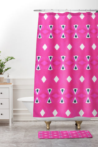 Amy Sia Geo Triangle 3 Pink Navy Shower Curtain And Mat