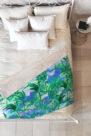 Amy Sia Palm Tree Blue Green Fleece Throw Blanket