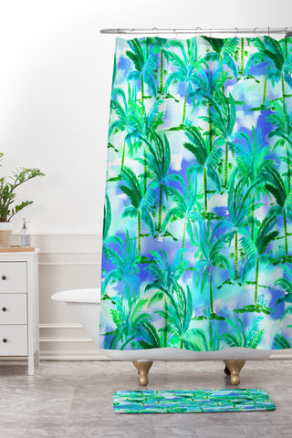 Amy Sia Palm Tree Blue Green Shower Curtain And Mat
