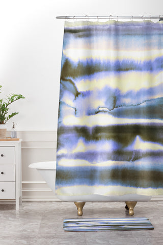 Amy Sia Watercolor Stripe Deep Blue Shower Curtain And Mat