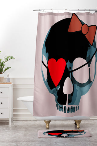 Amy Smith Blue Skull with Bow Shower Curtain And Mat