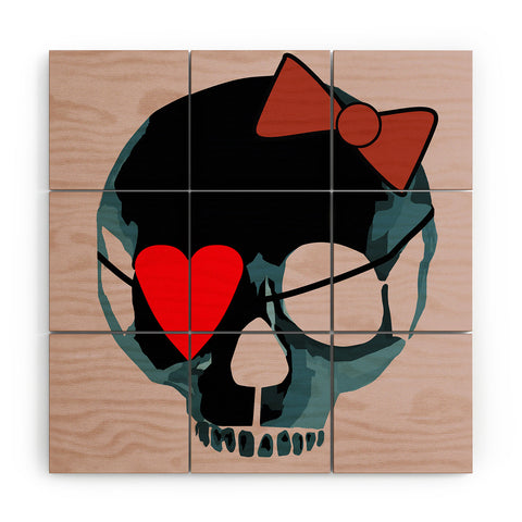 Amy Smith Blue Skull with Bow Wood Wall Mural