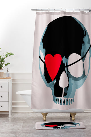 Amy Smith Blue Skull With Heart Eyepatch Shower Curtain And Mat