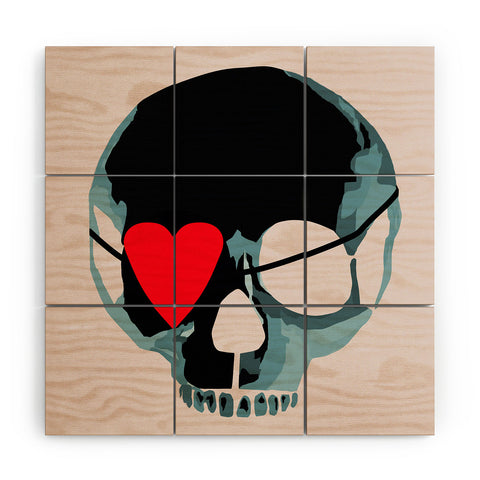 Amy Smith Blue Skull With Heart Eyepatch Wood Wall Mural