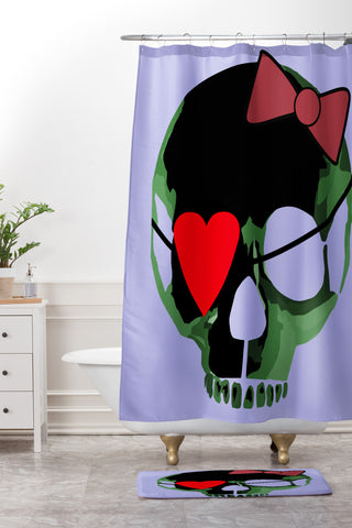 Amy Smith Green Skull with Bow Shower Curtain And Mat