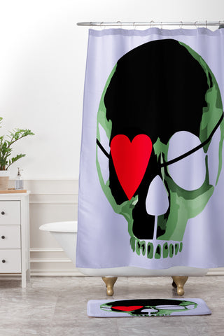 Amy Smith Green Skull With Heart Eyepatch Shower Curtain And Mat