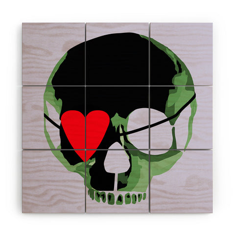 Amy Smith Green Skull With Heart Eyepatch Wood Wall Mural