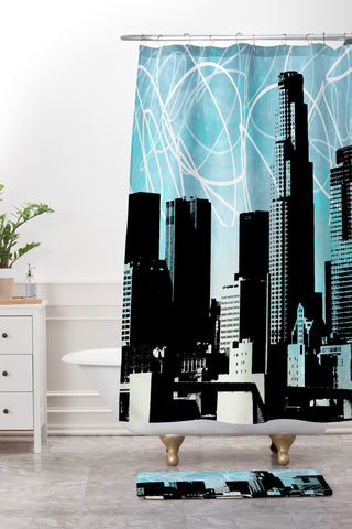Amy Smith LA skyline blue Shower Curtain And Mat