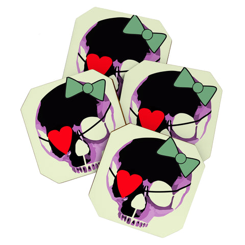 Amy Smith Pink Skull Heart With Bow Coaster Set