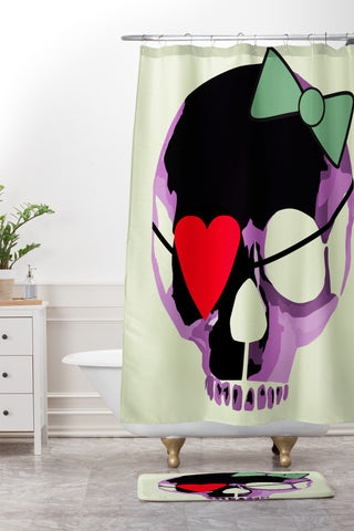 Amy Smith Pink Skull Heart With Bow Shower Curtain And Mat