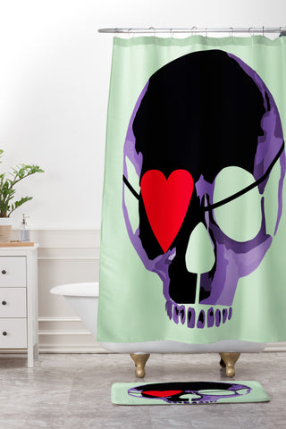 Amy Smith Purple Skull With Heart Eyepatch Shower Curtain And Mat