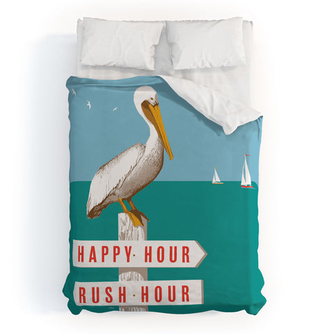 Anderson Design Group Pelican On Rush Hour Happy Hour Sign Duvet Cover