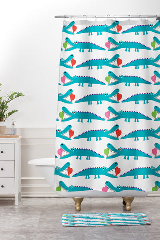 Andi Bird Alligator Love Aqua Shower Curtain And Mat