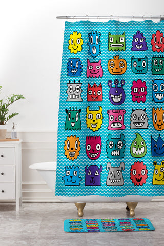 Andi Bird Monster Mash Blue Shower Curtain And Mat