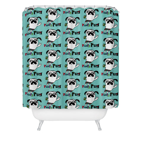 Andi Bird Party Pug Aqua Shower Curtain