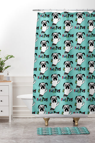 Andi Bird Party Pug Aqua Shower Curtain And Mat