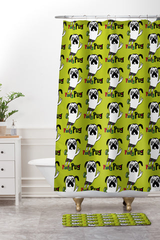 Andi Bird Party Pug Chartreuse Shower Curtain And Mat