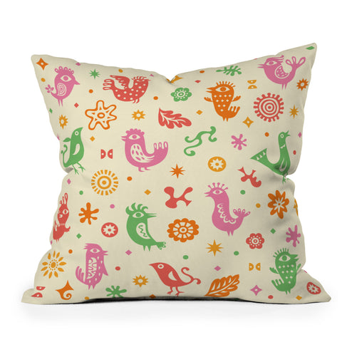 Andi Bird Retro Birds Beige Throw Pillow