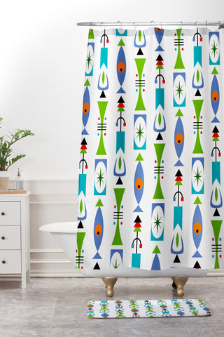 Andi Bird Retro Shape White Shower Curtain And Mat