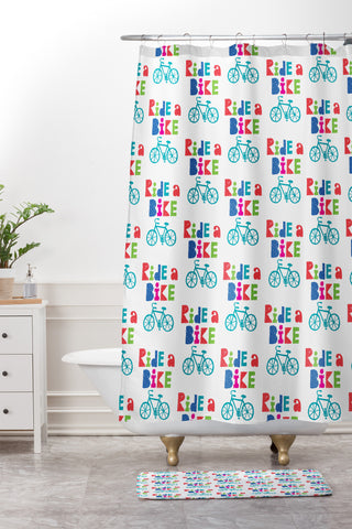 Andi Bird Ride A Bike Sketchy White Shower Curtain And Mat