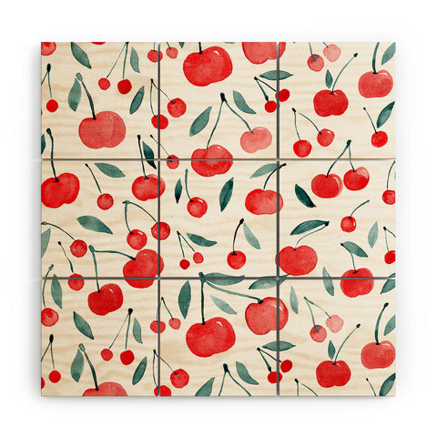 Angela Minca Cherries red and teal Wood Wall Mural