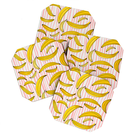 Angela Minca Doodle bananas on pink stripes Coaster Set