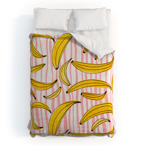 Angela Minca Doodle bananas on pink stripes Comforter