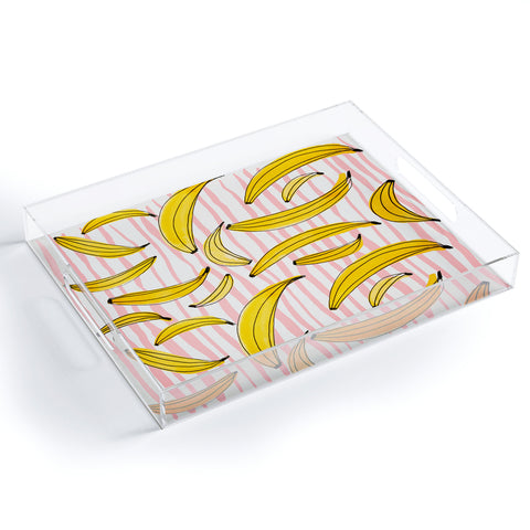 Angela Minca Doodle bananas on pink stripes Acrylic Tray