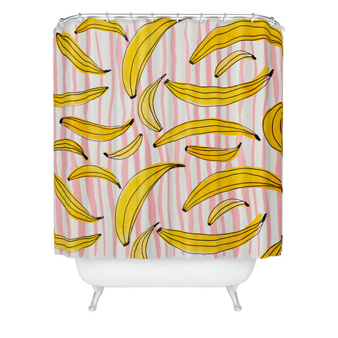 Angela Minca Doodle bananas on pink stripes Shower Curtain