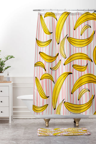 Angela Minca Doodle bananas on pink stripes Shower Curtain And Mat