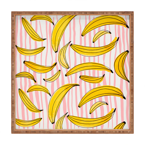 Angela Minca Doodle bananas on pink stripes Square Tray