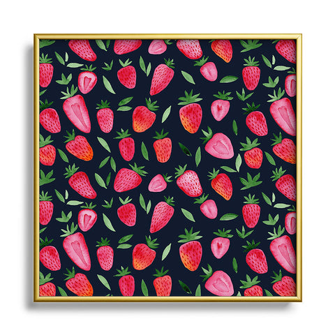 Angela Minca Strawberries on dark blue Metal Square Framed Art Print