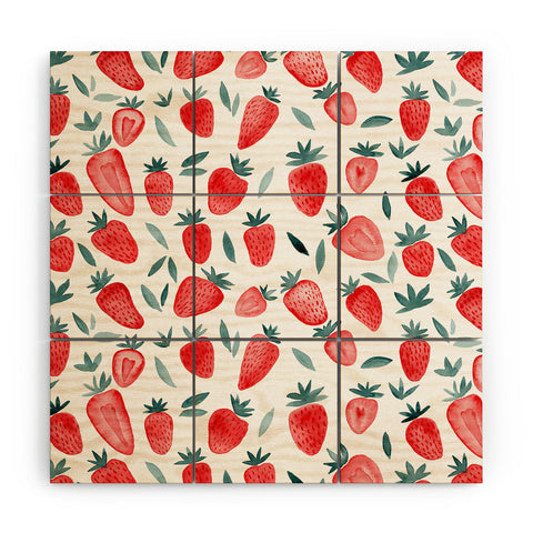 Angela Minca Strawberries red and teal Wood Wall Mural