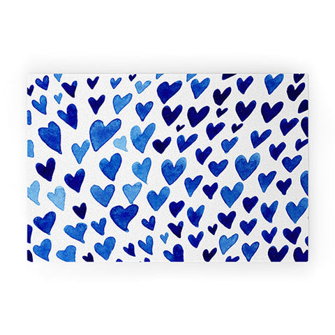 Angela Minca Watercolor blue hearts Welcome Mat