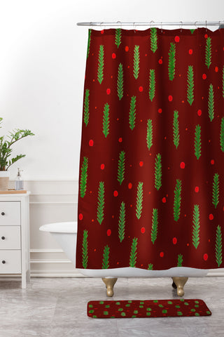 Angela Minca Xmas branches and berries 2 Shower Curtain And Mat