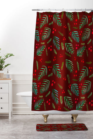 Angela Minca Xmas branches red Shower Curtain And Mat
