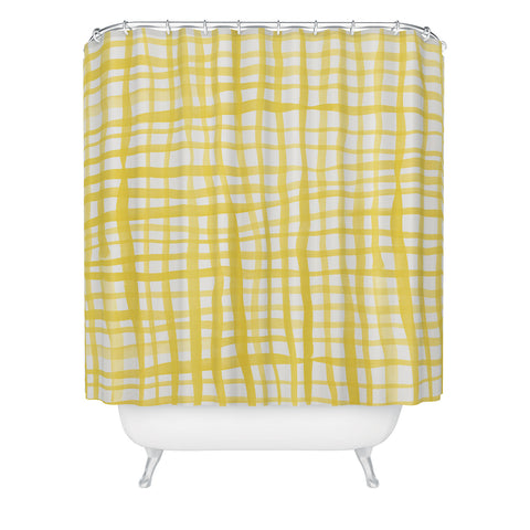 Angela Minca Yellow gingham doodle Shower Curtain