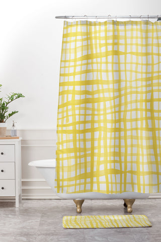 Angela Minca Yellow gingham doodle Shower Curtain And Mat