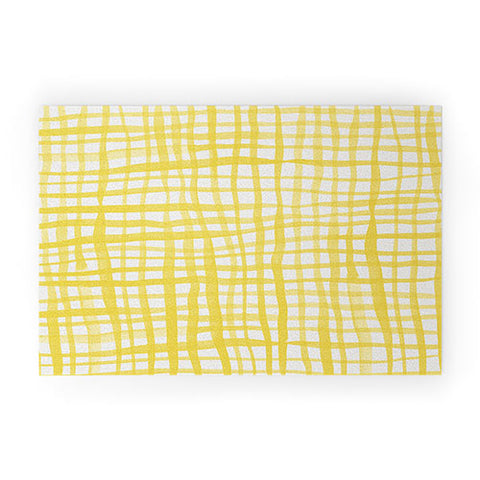 Angela Minca Yellow gingham doodle Welcome Mat