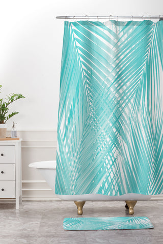 Anita's & Bella's Artwork Soft Turquoise Palm Leaves Dream Shower Curtain And Mat