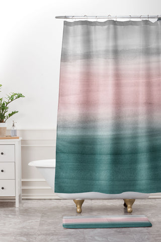 Anita's & Bella's Artwork Teal Blush Gray Watercolor Shower Curtain And Mat