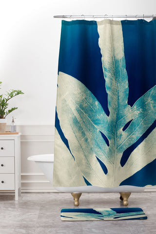 ANoelleJay Green Fern at Midnight Bright Navy Blue Shower Curtain And Mat