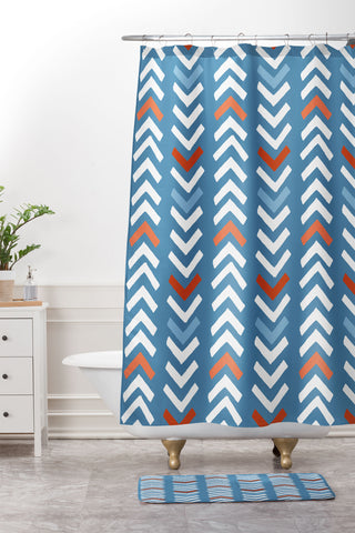 Avenie Abstract Chevron Blue Shower Curtain And Mat