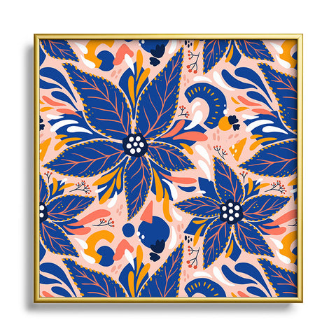 Avenie Abstract Floral Pink and Blue Square Metal Framed Art Print